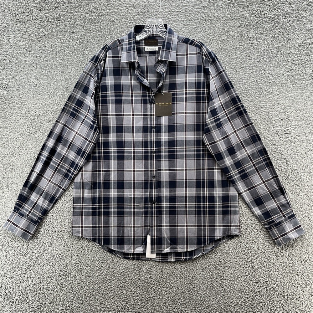 Thomas Dean Collection Shirt Men XL Navy Burgundy Plaid Classic Casual Button Up